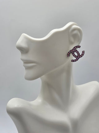 Chanel Silver-tone Pink Strass Interlocking CC Stud Earrings