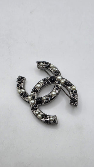 Chanel Silver-tone Faux Pearl Resin Interlocking CC Pin Brooch