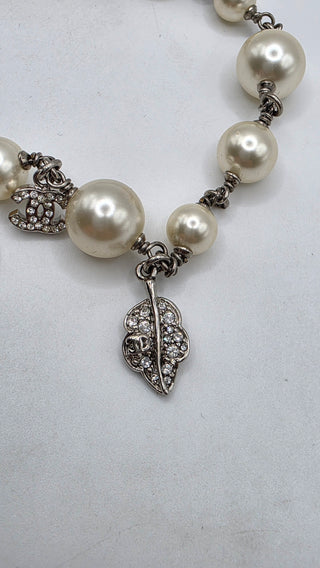 Chanel Faux Pearl Strass Interlocking CC Silver-tone Charm Necklace