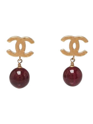 Chanel Gold Textured Metal Red Resin Interlocking CC Drop Earrings