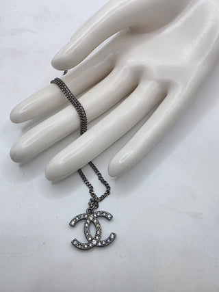 Chanel Silver-tone Strass Interlocking CC Pendant Necklace