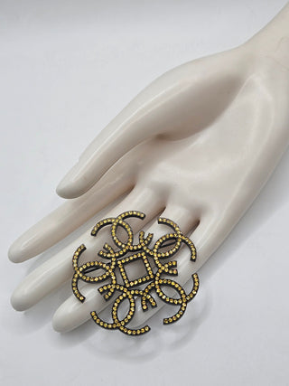 Chanel Black-tone Yellow Strass Interlocking CC Logo Brooch