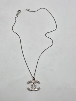 Chanel Silver-tone Strass Interlocking CC Pendant Necklace