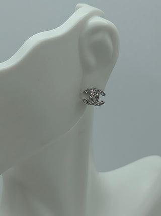 Chanel Silver-tone Strass Interlocking CC Stud Earrings