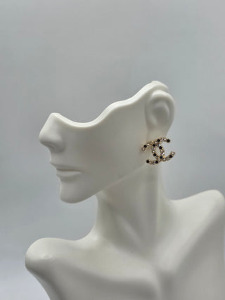 Chanel Gold-tone 2020 Faux Pearl Strass Interlocking CC Stud Earrings