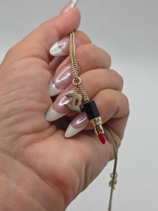 Chanel Gold-tone Crystal Resin Lipstick Interlocking CC Pendant Necklace