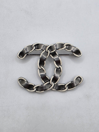 Chanel Silver-tone 2022 Enamel Interlocking CC Brooch