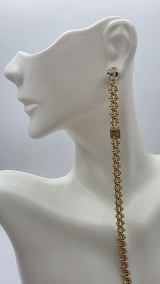 Fendi Gold-tone Crystal Chain Drop FF Logo Earring