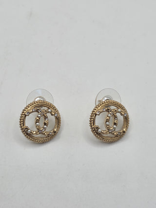 Chanel Gold-tone Faux Pearl Strass CC Stud Earrings