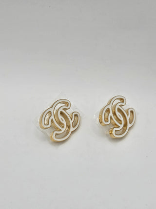 Chanel 2024 Gold-tone white Enamel Interlocking CC logo stud earrings