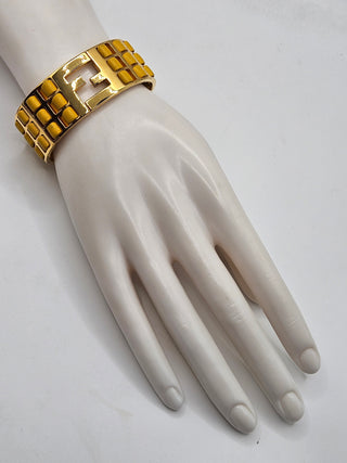 Fendi Yellow Leather Fendista Braided Gold-tone Bangle Bracelet