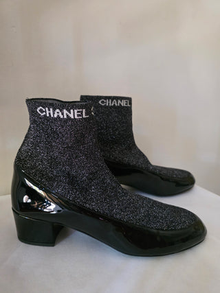 Chanel Black Logo Printed 2017 Patent Leather Sock Boots 40.5 EU