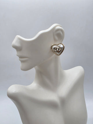 Chanel Gold-tone Faux Pearl Interlocking CC Heart Stud Earrings