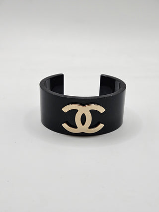 Chanel Black Resin Gold-tone Interlocking CC Wide Cuff Bracelet