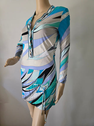 Emilio Pucci Blue Multicolor Signature Print V-Neck Blouse 6 sz