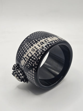 Christian Dior Black Logo Crystal Resin Houndstooth Wide Bangle