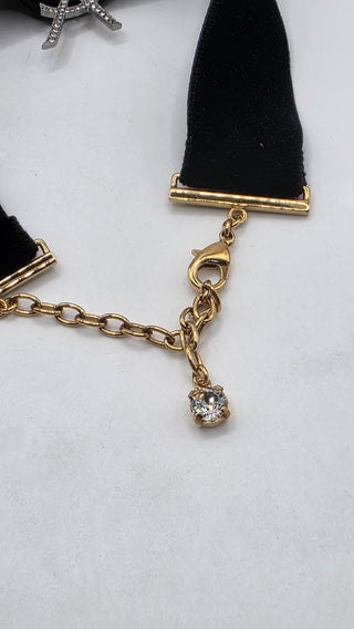 Yves Saint Laurent Black Velvet Crystal Two Tone YSL Metal Logo Choker Necklace