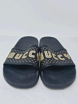 Gucci Black rubber Gold-tone logo sandals 41 sz