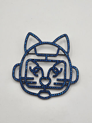 Chanel Silver-tone Blue Strass Interlocking CC Cat Brooch