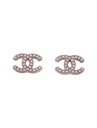Chanel Silver-tone Pink Strass Interlocking CC Stud Earrings