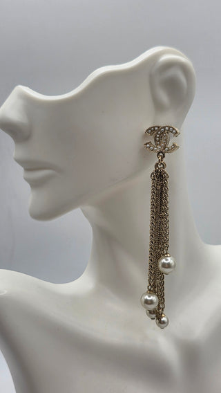 Chanel Gold-tone Faux Pearl Interlocking Drop Earrings