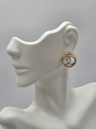 Chanel Gold-tone Faux Pearl Strass CC Stud Earrings