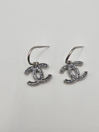 Chanel Silver-tone Glitter Enamel CC Drop Earrings