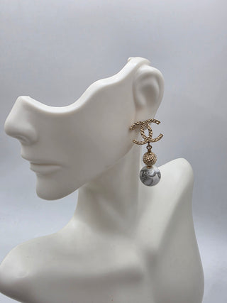 Chanel Gold-tone White Stone inside CC Drop Earrings