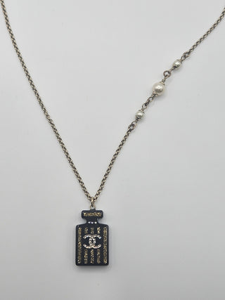 Chanel Faux Pearl Resin & Strass CC Logo Perfume Pendant Necklace