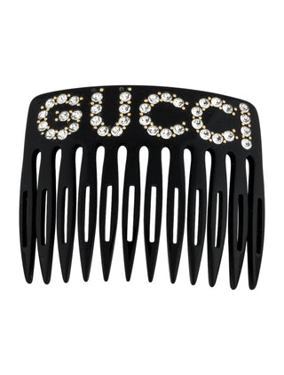 Gucci Black Acetate Crystal Embellished Logo Hair Accessory