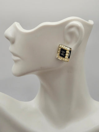 Chanel Faux Pearl Resin Interlocking CC Square Stud Earrings