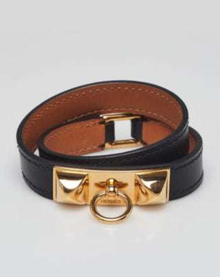 Hermes Black Swift Leather Gold Plated Rivale Double Tour Bracelet XS sz