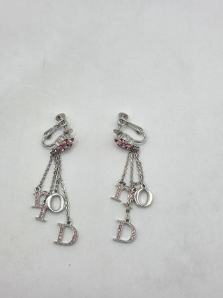 Christian Dior Silver-tone Crystal Floral Logo Drop Clip-On Earrings