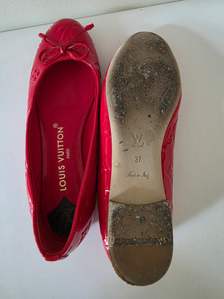 Louis Vuitton Red Patent Leather Bow Accents Ballet Flats 37 sz