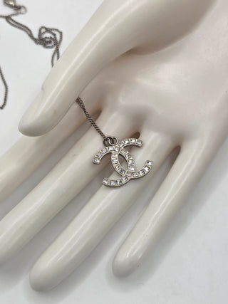 Chanel Silver-tone Strass Interlocking CC Pendant Necklace