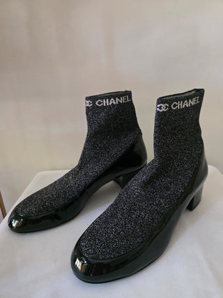 Chanel Black Logo Printed 2017 Patent Leather Sock Boots 40.5 EU