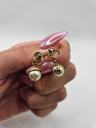 Christian Dior Gold-tone Faux Pearl CD Drop Earrings