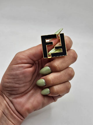 Fendi Gold-tone Forever Fendi FF logo Enamel Brooch