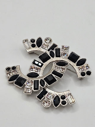 Chanel Silver-tone Strass Resin Interlocking CC Pin Brooch