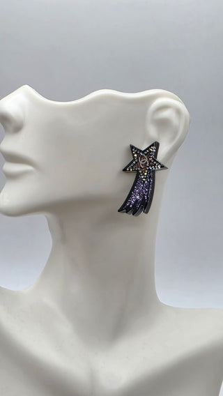 Chanel Black Silver-tone Strass Interlocking CC Shooting Star Earrings
