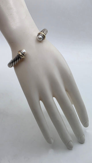 David Yurman Sterling Silver Cultured Pearl Cable Cuff Bracelet