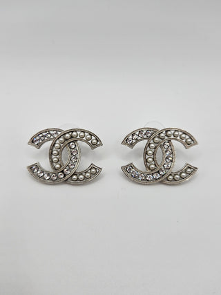 Chanel Silver-tone Crystal Faux Pearl Interlocking CC Stud Earrings