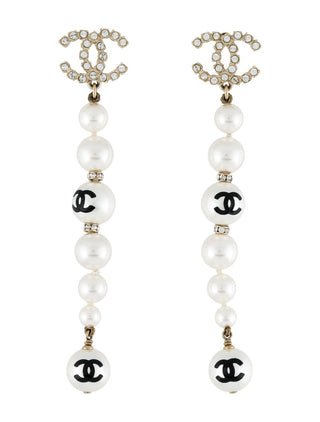 Chanel White Faux Pearl Strass CC Drop Earrings