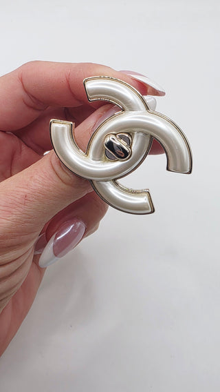 Chanel Goldtone Metal Glass Pearl Interlocking CC Turnlock Brooch