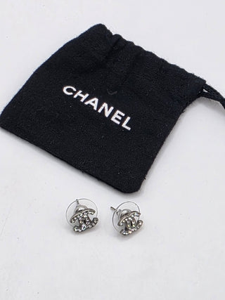 Chanel Silver-tone Strass Interlocking CC Stud Earrings