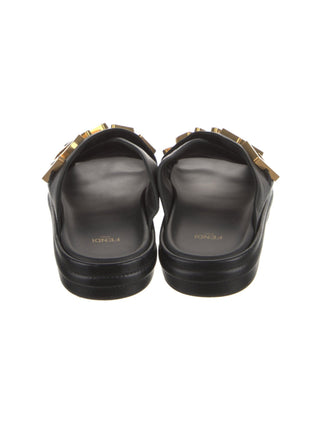 Fendi Black leather Gold-tone logos slides 38.5 sz