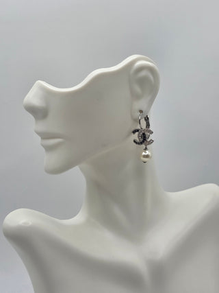 Chanel Silver-tone Faux Pearl Strass Interlocking CC Drop Earrings