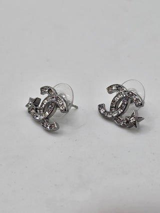 Chanel Silver-tone Strass Interlocking Stud Earrings