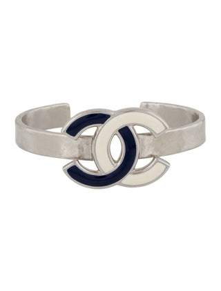 Chanel Silver-tone Interlocking CC Enamel Cuff Bracelet