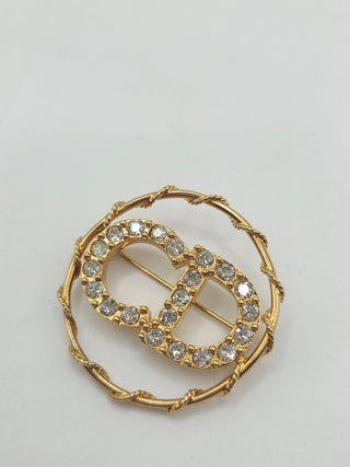 Christian Dior Gold-tone Crystal CD Logo Round Brooch